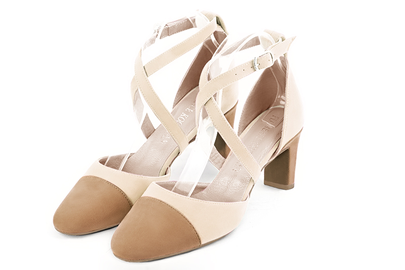 Tan beige and champagne white women's open side shoes, with crossed straps. Round toe. Medium comma heels. Front view - Florence KOOIJMAN